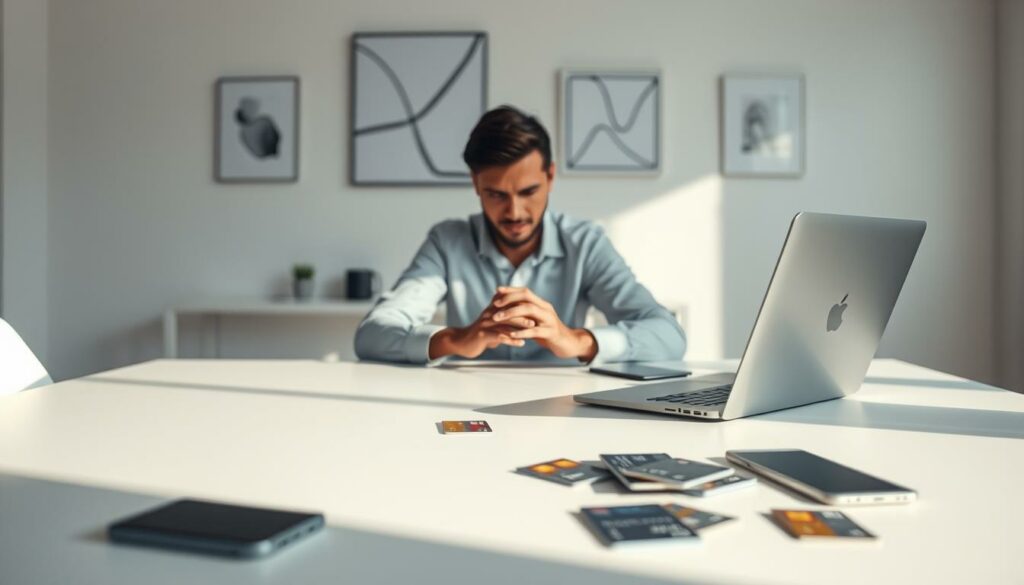 A modern, minimalist office scene. In the foreground, a desk with a laptop, smartphone, and credit cards scattered across its surface. Soft, directional lighting casts subtle shadows, creating a contemplative atmosphere. In the middle ground, a person sits at the desk, hands resting on the cards, deep in thought. The background is a clean, white wall with a few abstract art pieces hanging, suggesting a professional, yet stylish environment. The scene conveys the idea of carefully considering financial options and making a thoughtful decision about the right credit card to suit one's lifestyle.