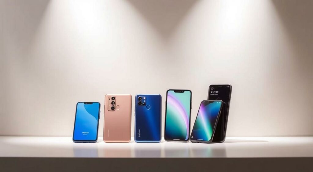 A neatly arranged display of top budget mobile phones for 2025, showcased against a modern, minimalist backdrop. The devices are positioned at an angle, their sleek designs and premium-looking finishes capturing the attention. Soft, diffused lighting illuminates the scene, creating a sense of depth and highlighting the devices' key features. The overall composition conveys a sense of style, practicality, and value, reflecting the target audience's desire for high-quality, affordable smartphones.
