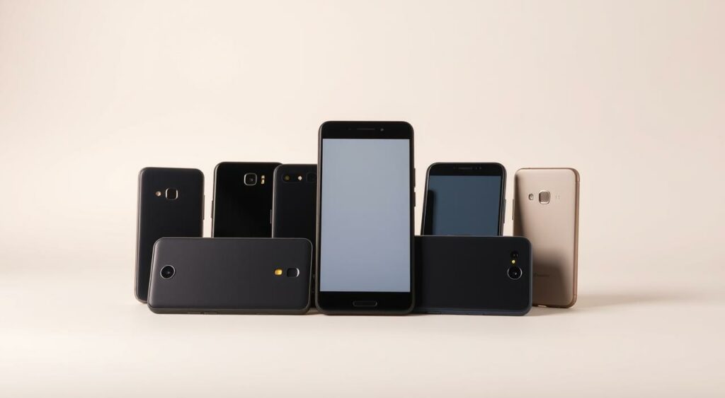 A neatly arranged still life of a group of budget smartphones, showcased against a minimalist studio backdrop. The phones are positioned at various angles, capturing their sleek designs and distinctive features. Soft, diffused lighting creates a warm, inviting atmosphere, highlighting the devices' matte finishes and subtle color palettes. The camera angle is slightly elevated, creating a sense of dimensionality and emphasizing the smartphones' compact, portable forms. The overall composition is balanced and visually pleasing, inviting the viewer to appreciate the functional elegance of these budget-friendly mobile options.