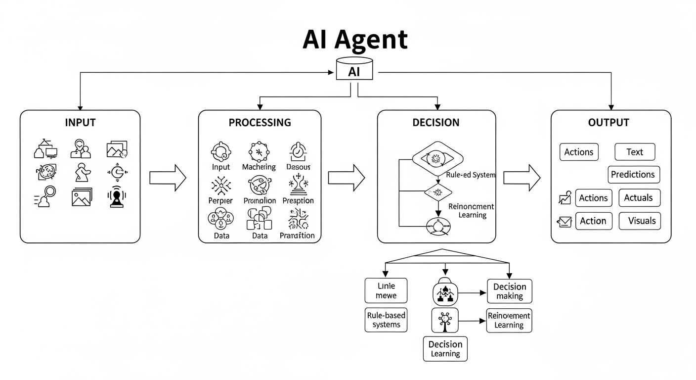 A diagram of an AI agent’s workflow: Input → Processing → Decision → Output
