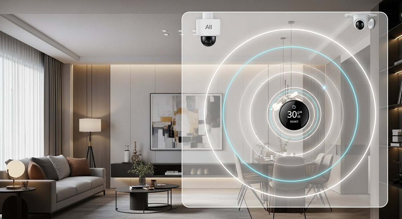 A smart home with AI-controlled devices like lights, thermostat, and security cameras