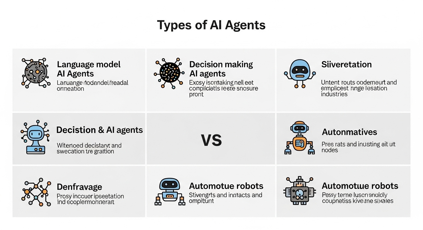 A comparison infographic of different AI agent types with icons representing each category